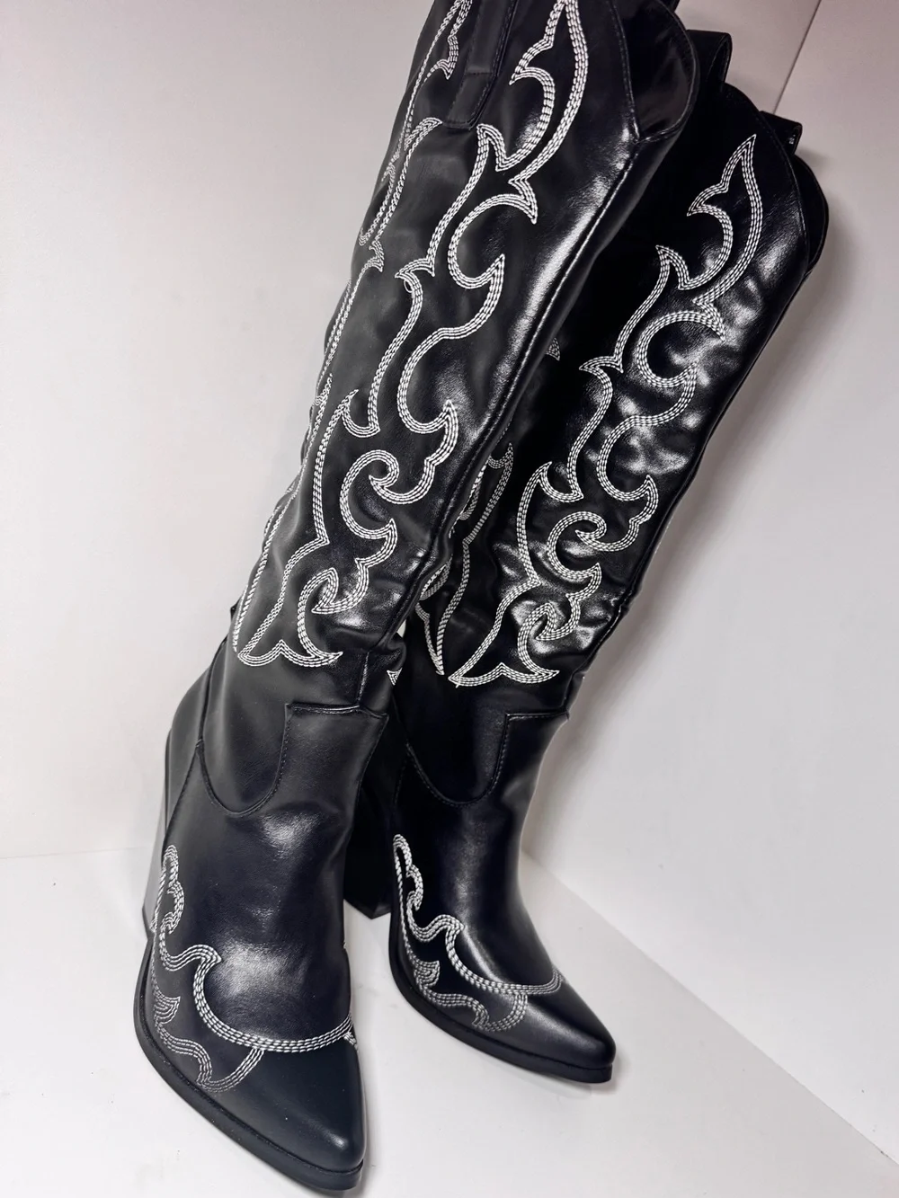 PrettyLittleThing Black Knee-High Embellished Western Boots